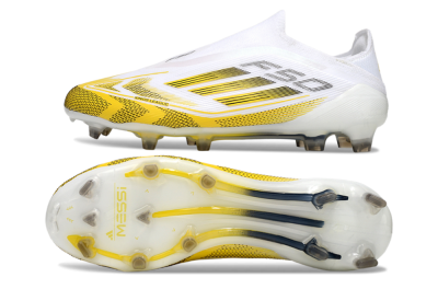 Men's Adidas F50 Elite Kings League Laceless FG Firm Ground Low-Tops Football Boots - White/Yellow/Black