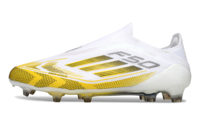 Men's Adidas F50 Elite Kings League Laceless FG Firm Ground Low-Tops Football Boots - White/Yellow/Black