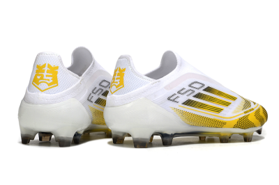 Men's Adidas F50 Elite Kings League Laceless FG Firm Ground Low-Tops Football Boots - White/Yellow/Black