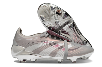 Unisex Adidas Predator 25 Elite Foldover Tongue FG Firm Ground Low-Tops Football Boots - Silver/Pink/Red