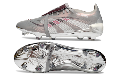 Unisex Adidas Predator 25 Elite Foldover Tongue FG Firm Ground Low-Tops Football Boots - Silver/Pink/Red