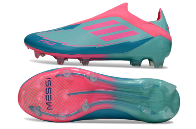 Men's Messi x Adidas F50 Elite Laceless FG Firm Ground Low-Tops Football Boots - Jade/Pink/Blue