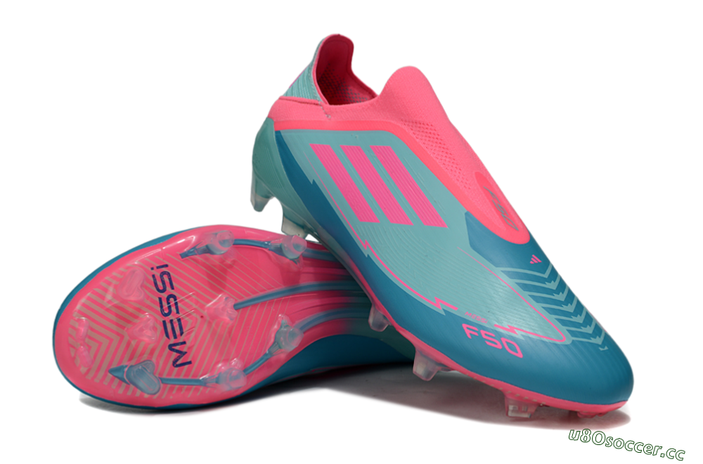 Men's Messi x Adidas F50 Elite Laceless FG Firm Ground Low-Tops Football Boots - Jade/Pink/Blue 3