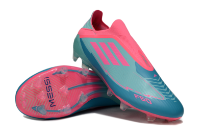 Men's Messi x Adidas F50 Elite Laceless FG Firm Ground Low-Tops Football Boots - Jade/Pink/Blue