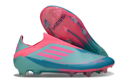 Men's Messi x Adidas F50 Elite Laceless FG Firm Ground Low-Tops Football Boots - Jade/Pink/Blue