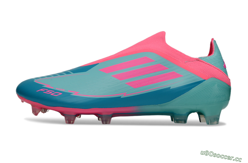 Men's Messi x Adidas F50 Elite Laceless FG Firm Ground Low-Tops Football Boots - Jade/Pink/Blue 0