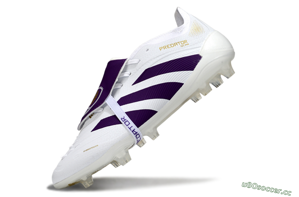 Unisex Adidas Predator 25 Elite Foldover Tongue FG Firm Ground Low-Tops Football Boots - White/Purple/Gold 5