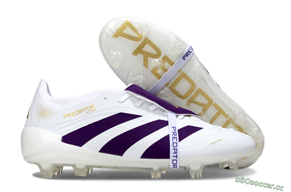 Unisex Adidas Predator 25 Elite Foldover Tongue FG Firm Ground Low-Tops Football Boots - White/Purple/Gold 2
