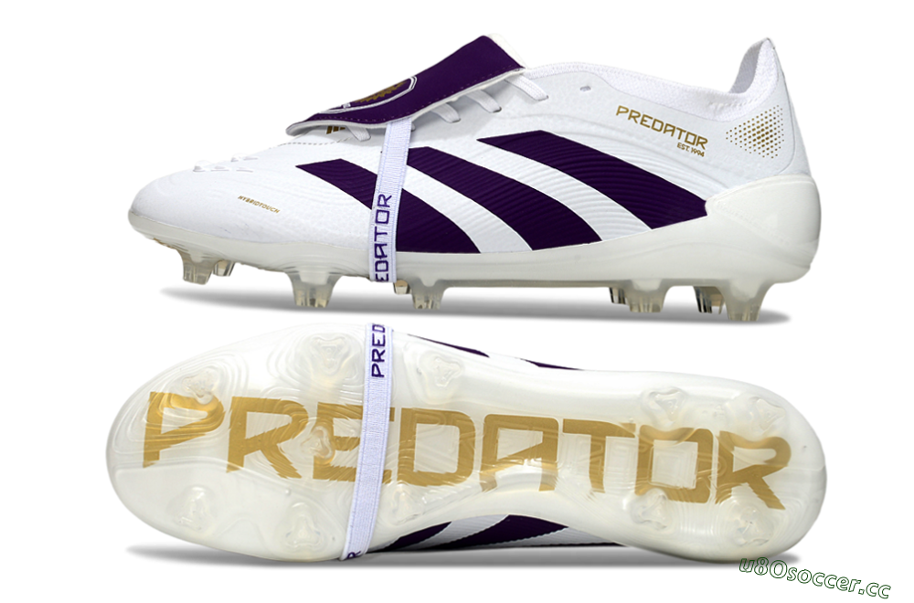 Unisex Adidas Predator 25 Elite Foldover Tongue FG Firm Ground Low-Tops Football Boots - White/Purple/Gold 1