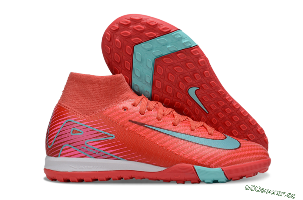 Kids Nike Air Zoom Mercurial Superfly 10 Elite TF Artificial Turf High-Tops Football Shoes - Red/Jade/Pink 2