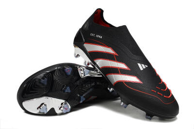 Men's Adidas Predator 25 Elite Laceless FG Firm Ground Low-Tops Football Boots - Black/Silver/Red