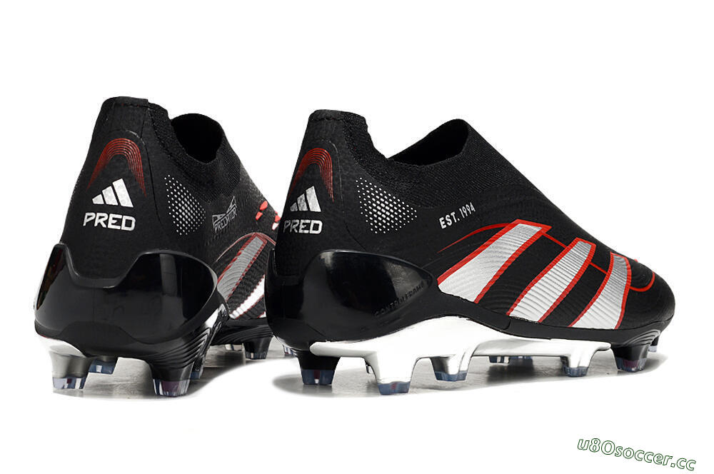 Men's Adidas Predator 25 Elite Laceless FG Firm Ground Low-Tops Football Boots - Black/Silver/Red 6