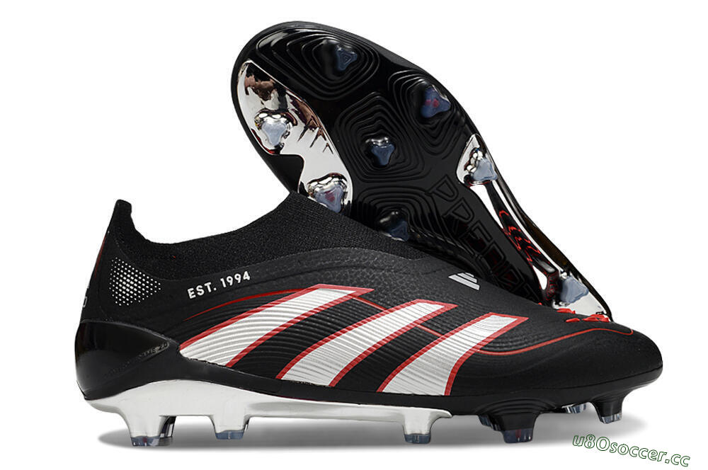 Men's Adidas Predator 25 Elite Laceless FG Firm Ground Low-Tops Football Boots - Black/Silver/Red 2