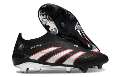 Men's Adidas Predator 25 Elite Laceless FG Firm Ground Low-Tops Football Boots - Black/Silver/Red
