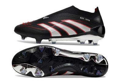 Men's Adidas Predator 25 Elite Laceless FG Firm Ground Low-Tops Football Boots - Black/Silver/Red