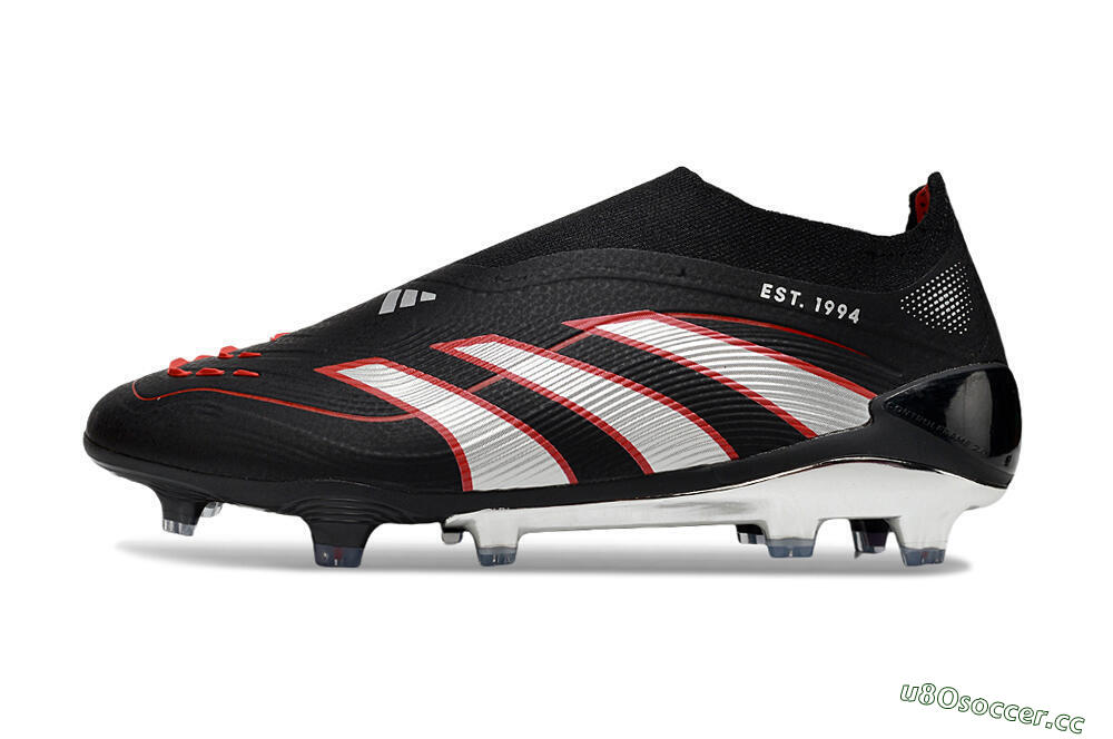 Men's Adidas Predator 25 Elite Laceless FG Firm Ground Low-Tops Football Boots - Black/Silver/Red 0