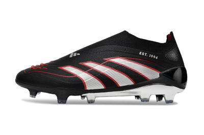 Men's Adidas Predator 25 Elite Laceless FG Firm Ground Low-Tops Football Boots - Black/Silver/Red