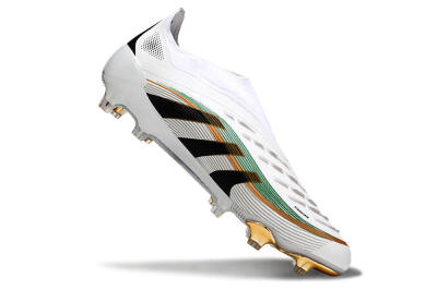 Unisex Adidas Predator 25 Elite Laceless FG Firm Ground Low-Tops Football Boots - White/Black/Gold