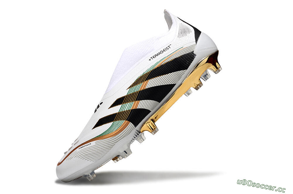 Unisex Adidas Predator 25 Elite Laceless FG Firm Ground Low-Tops Football Boots - White/Black/Gold 6