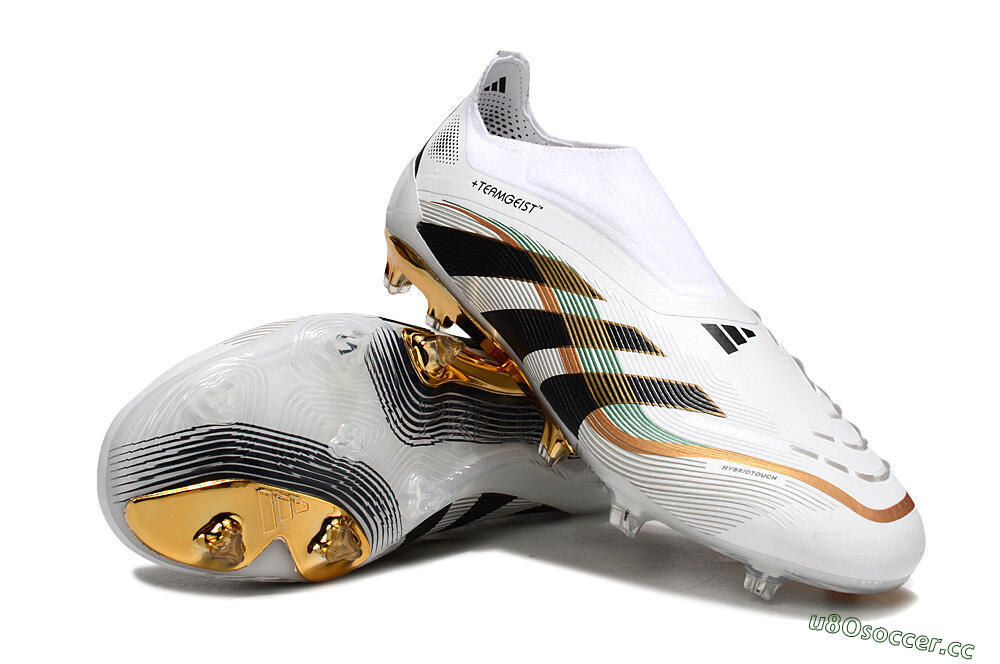 Unisex Adidas Predator 25 Elite Laceless FG Firm Ground Low-Tops Football Boots - White/Black/Gold 4