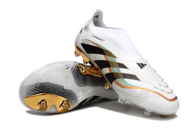 Unisex Adidas Predator 25 Elite Laceless FG Firm Ground Low-Tops Football Boots - White/Black/Gold