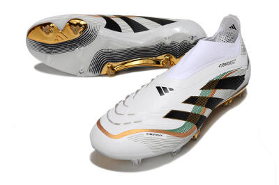 Unisex Adidas Predator 25 Elite Laceless FG Firm Ground Low-Tops Football Boots - White/Black/Gold