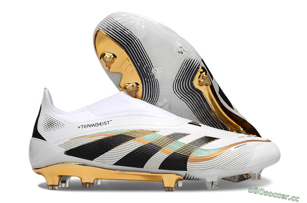 Unisex Adidas Predator 25 Elite Laceless FG Firm Ground Low-Tops Football Boots - White/Black/Gold 2