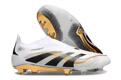 Unisex Adidas Predator 25 Elite Laceless FG Firm Ground Low-Tops Football Boots - White/Black/Gold