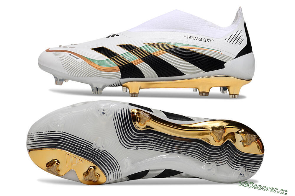 Unisex Adidas Predator 25 Elite Laceless FG Firm Ground Low-Tops Football Boots - White/Black/Gold 1