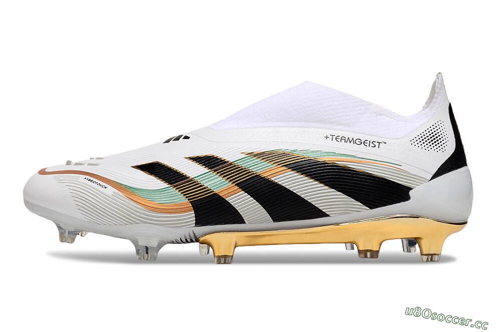 Unisex Adidas Predator 25 Elite Laceless FG Firm Ground Low-Tops Football Boots - White/Black/Gold 0