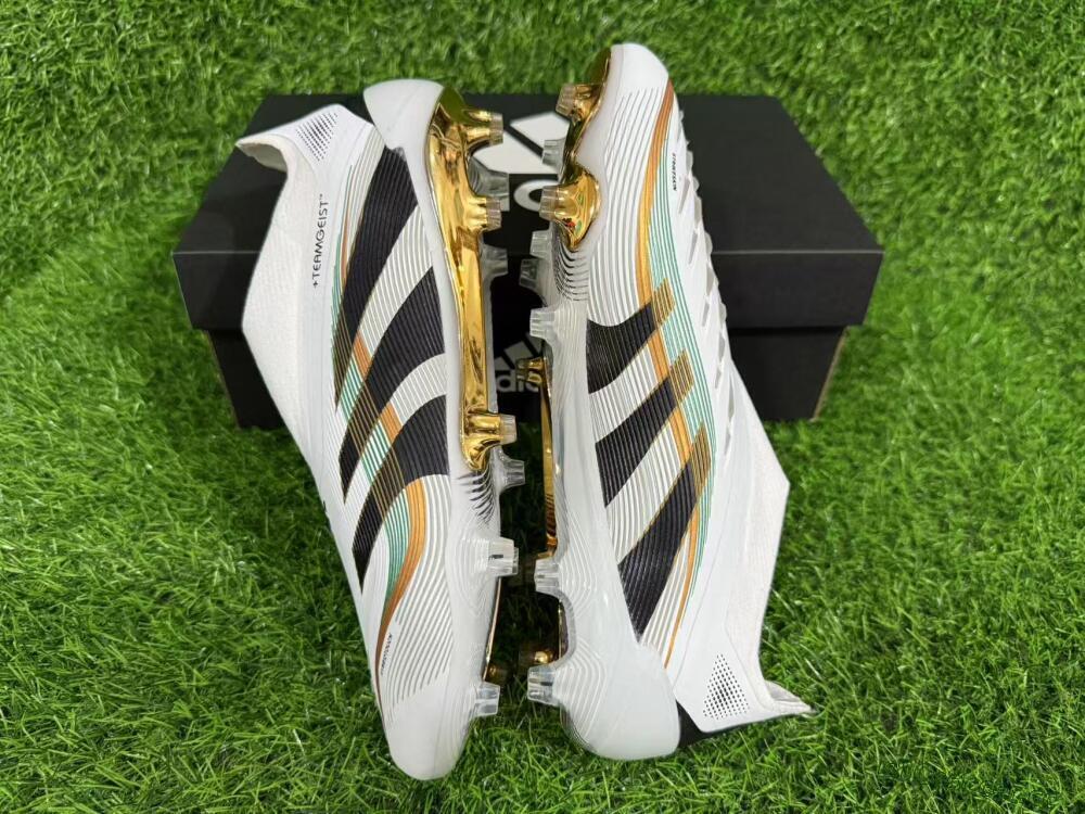 Unisex Adidas Predator 25 Elite Laceless FG Firm Ground Low-Tops Football Boots - White/Black/Gold