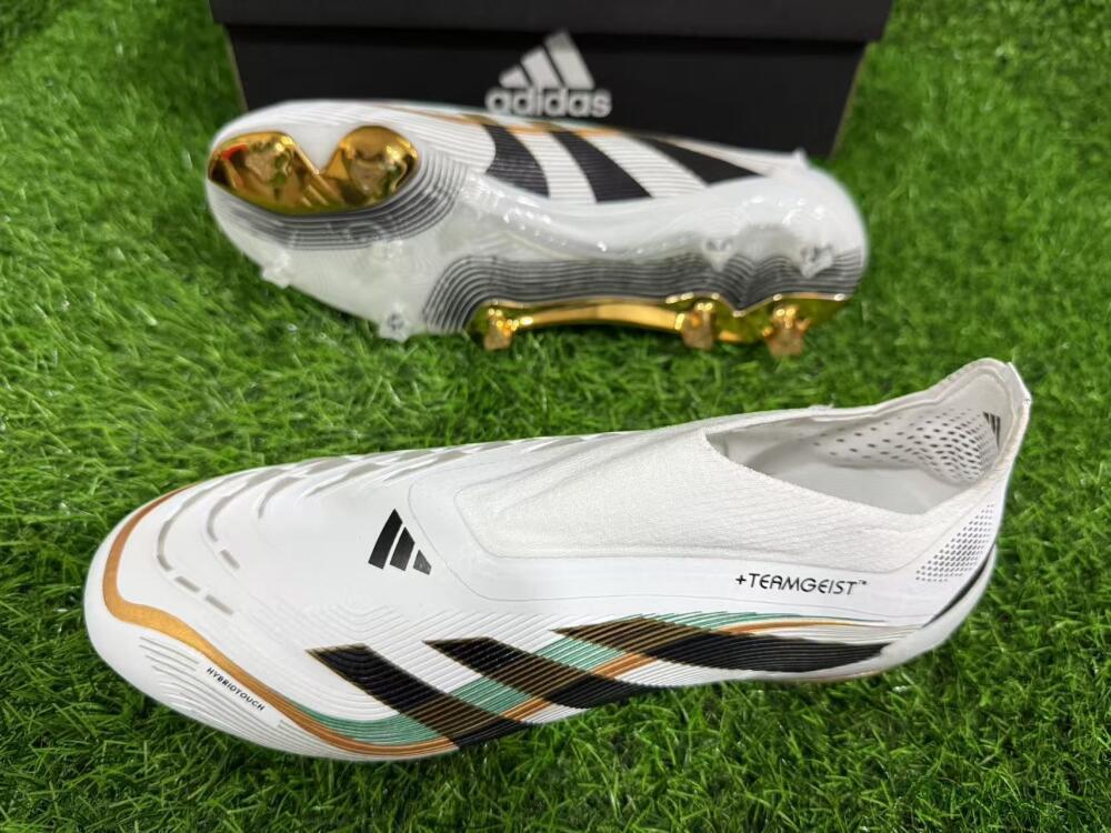 Unisex Adidas Predator 25 Elite Laceless FG Firm Ground Low-Tops Football Boots - White/Black/Gold
