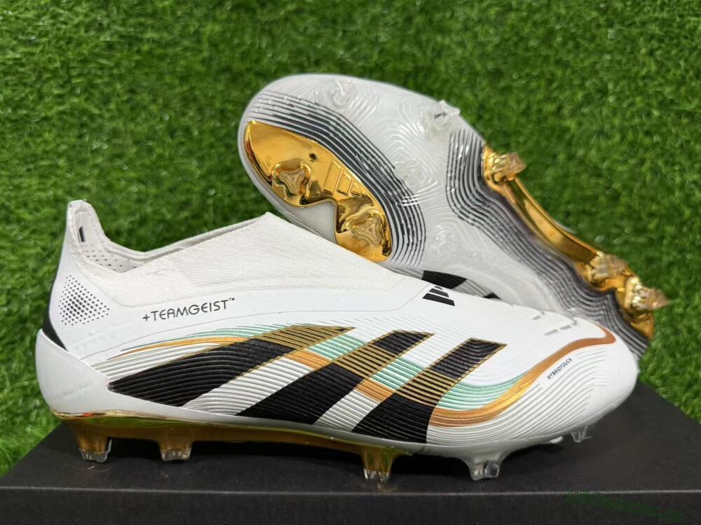 Unisex Adidas Predator 25 Elite Laceless FG Firm Ground Low-Tops Football Boots - White/Black/Gold