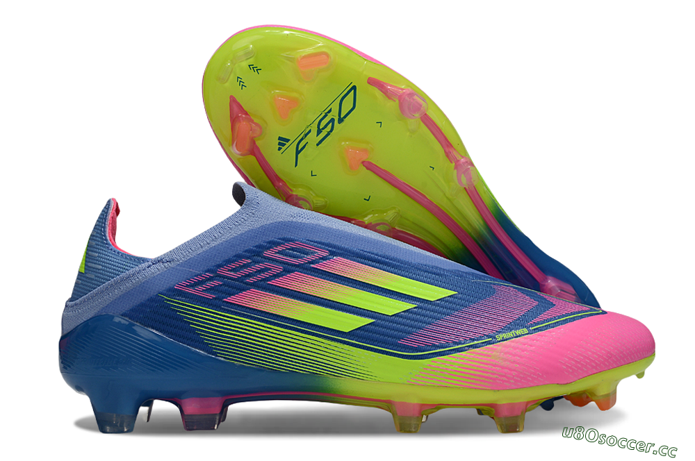 Unisex Adidas F50 Elite Laceless FG Firm Ground Low-Tops Football Boots - Blue/Yellow/Pink 2