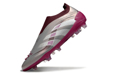 Men's Adidas Predator 25 Elite Laceless FG Firm Ground Low-Tops Football Boots - Silver/Red/Pink