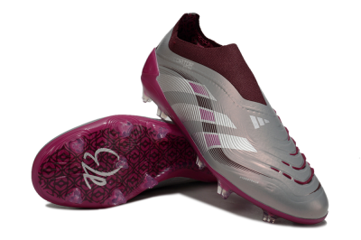 Men's Adidas Predator 25 Elite Laceless FG Firm Ground Low-Tops Football Boots - Silver/Red/Pink
