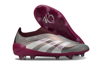 Men's Adidas Predator 25 Elite Laceless FG Firm Ground Low-Tops Football Boots - Silver/Red/Pink