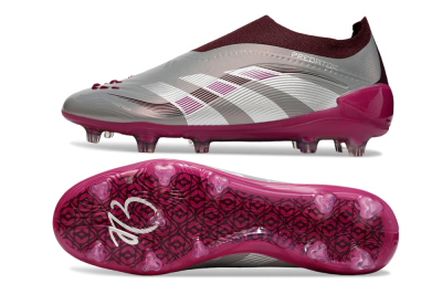 Men's Adidas Predator 25 Elite Laceless FG Firm Ground Low-Tops Football Boots - Silver/Red/Pink