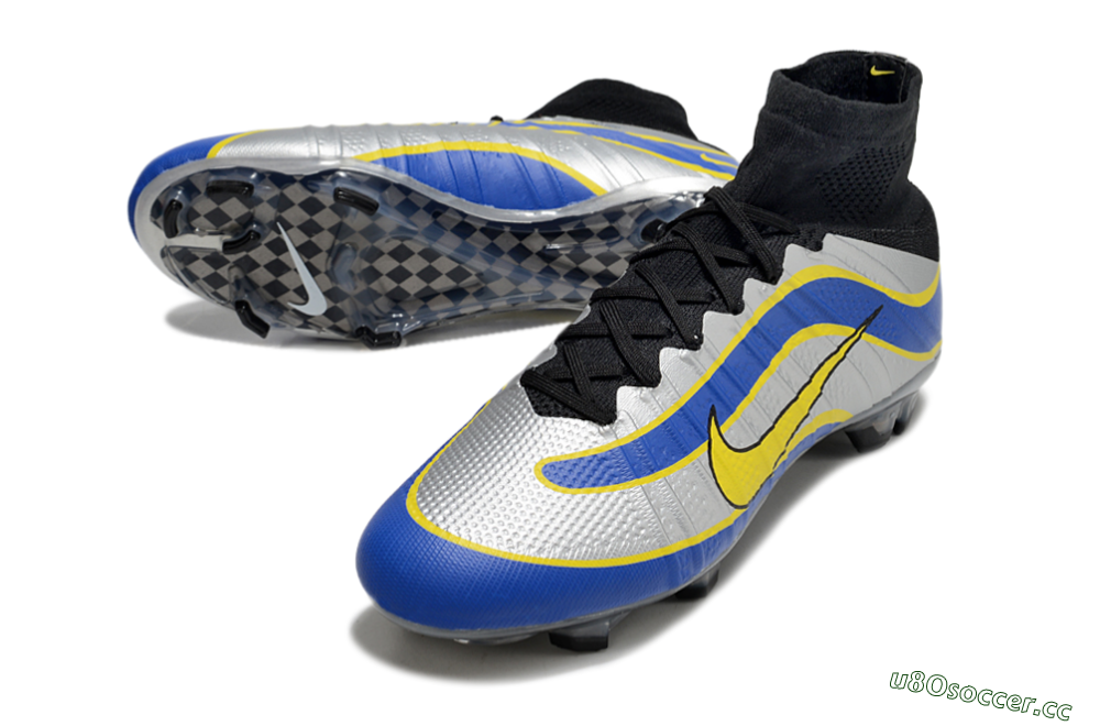 Men's Nike Mercurial Superfly 4 Elite FG Firm Ground High-Tops Football Boots - Silver/Yellow/Blue 3