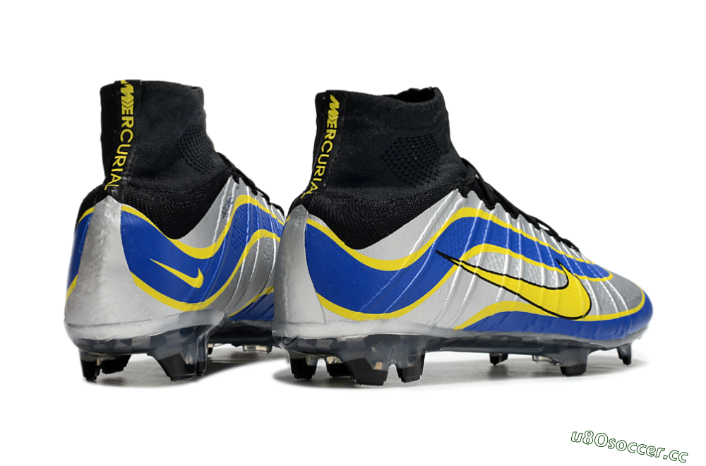 Men's Nike Mercurial Superfly 4 Elite FG Firm Ground High-Tops Football Boots - Silver/Yellow/Blue 6