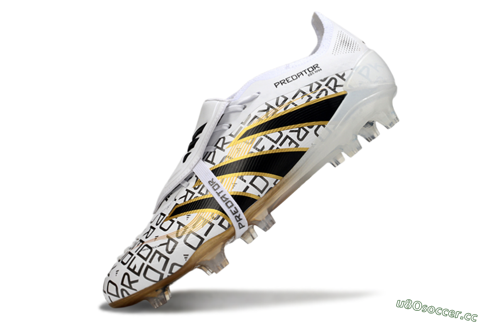 Men's Adidas Predator 25 Elite Foldover Tongue FG Firm Ground Low-Tops Football Boots - White/Black/Gold 5