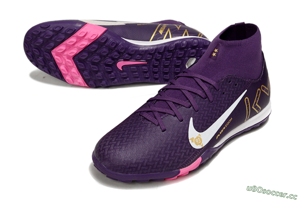 Men's Nike Air Zoom Mercurial Superfly 10 Elite TF Artificial Turf High-Tops Football Shoes - Purple/White/Gold 3