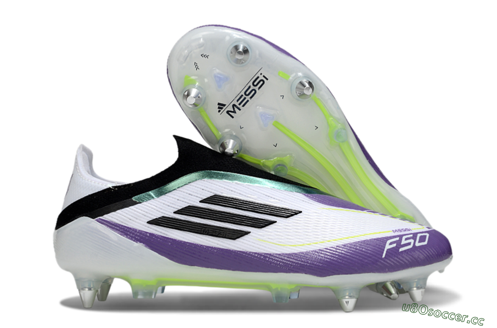 Men's Messi x Adidas F50 Elite Laceless SG Soft Ground Low-Tops Football Boots - White/Purple/Black 2