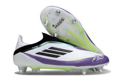 Men's Messi x Adidas F50 Elite Laceless SG Soft Ground Low-Tops Football Boots - White/Purple/Black