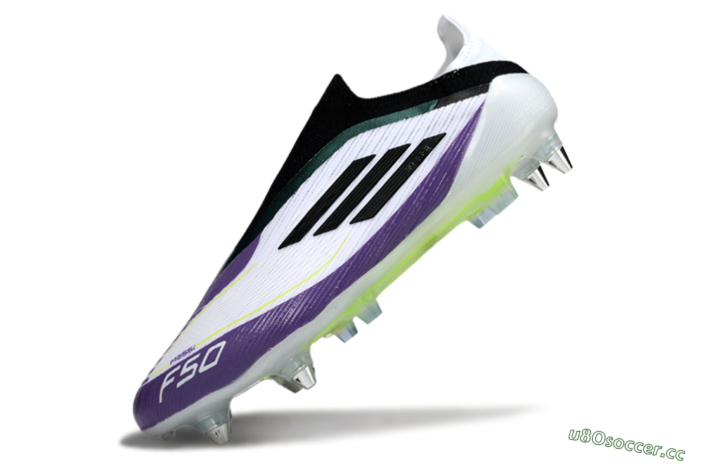 Men's Messi x Adidas F50 Elite Laceless SG Soft Ground Low-Tops Football Boots - White/Purple/Black 5