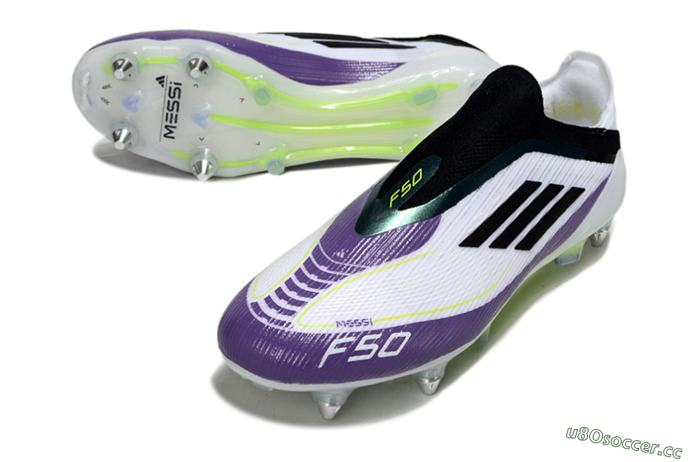 Men's Messi x Adidas F50 Elite Laceless SG Soft Ground Low-Tops Football Boots - White/Purple/Black 3