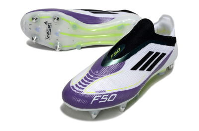 Men's Messi x Adidas F50 Elite Laceless SG Soft Ground Low-Tops Football Boots - White/Purple/Black