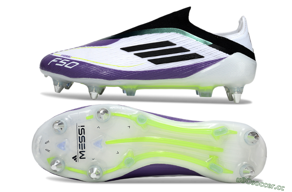 Men's Messi x Adidas F50 Elite Laceless SG Soft Ground Low-Tops Football Boots - White/Purple/Black 1