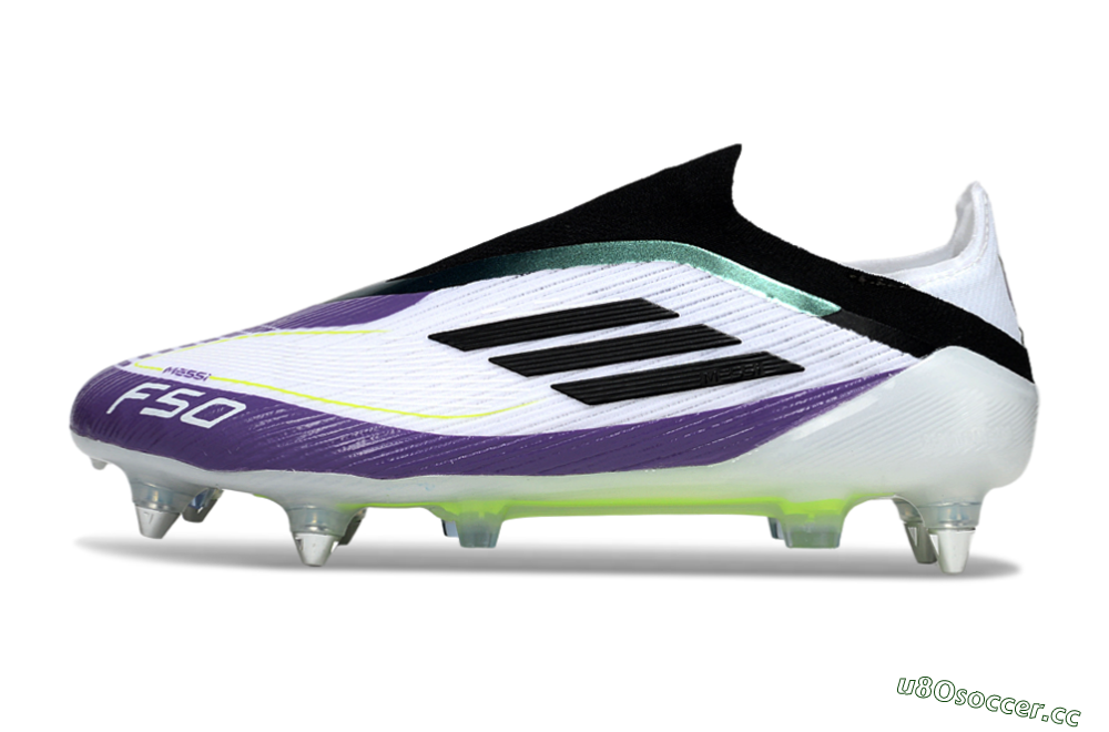 Men's Messi x Adidas F50 Elite Laceless SG Soft Ground Low-Tops Football Boots - White/Purple/Black 0