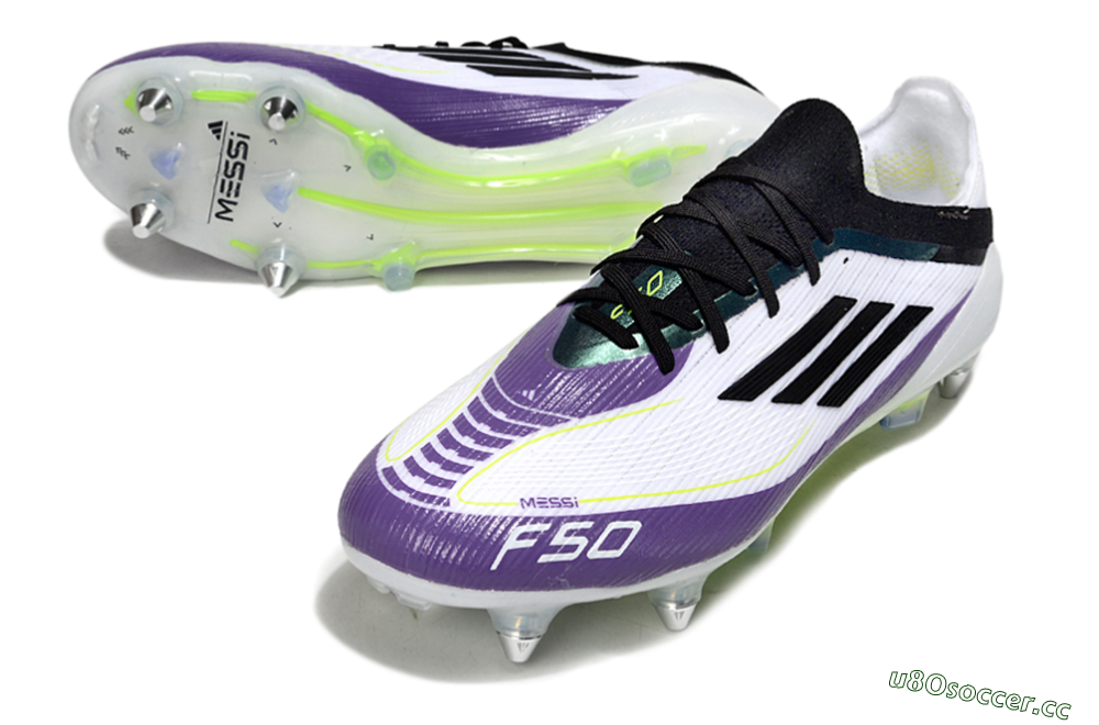 Men's Messi x Adidas F50 Elite SG Soft Ground Low-Tops Football Boots - White/Purple/Black 0